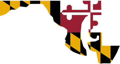 Maryland state outline overlaid with the Maryland state flag featuring the black and gold cross