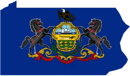 Pennsylvania state outline filled with the Pennsylvania state flag and coat of arms